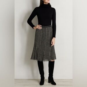 Vintage Anne Klein Black Cream Silk Houndstooth Midi Workwear Skirt Size 10